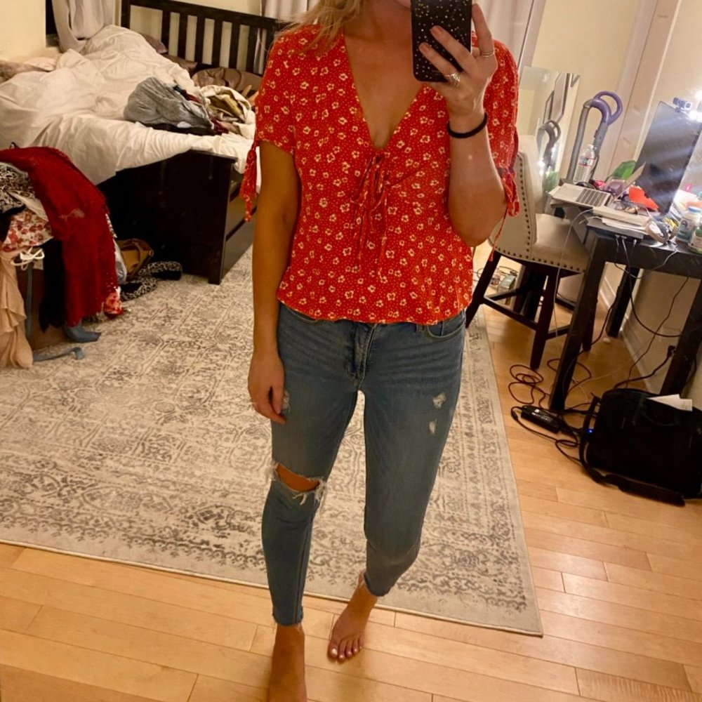 Orange Floral-Print Short Sleeve Blouse